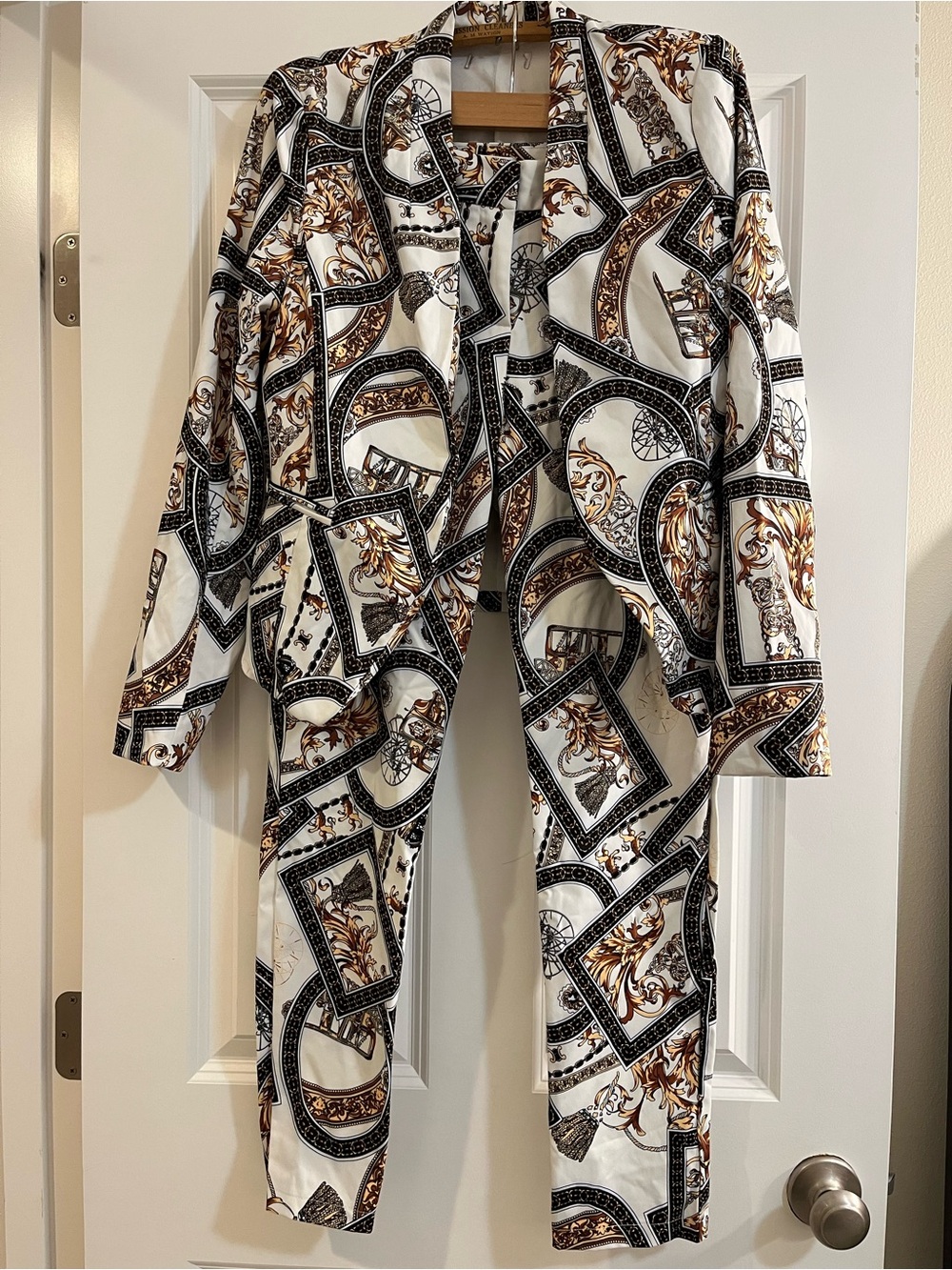 Chain-Print Two-Piece Pantsuit in White and Brown